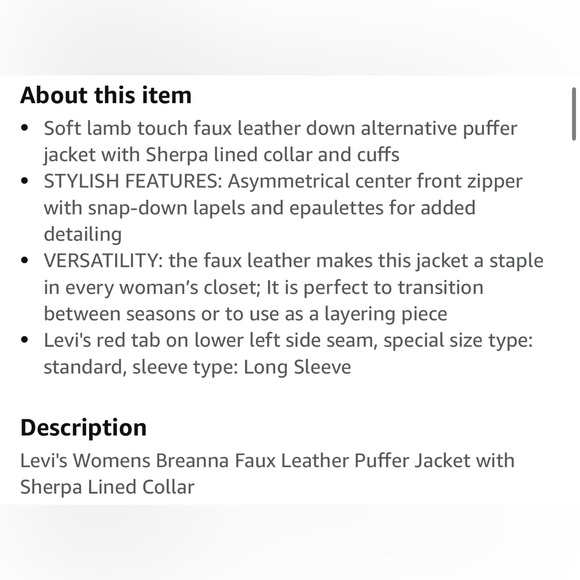 Levi's Chocolate faux Leather Jacket with Cream Collar - Picture 6 of 9